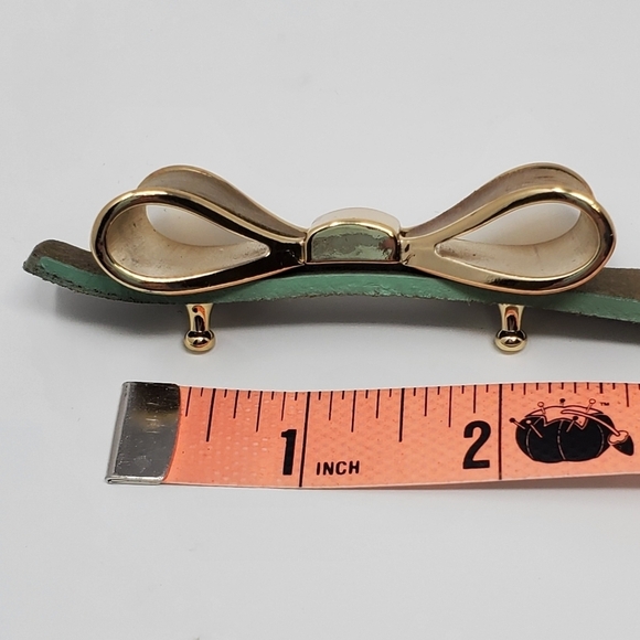 TARNISH TAN & MINT GREEN STRUCTURED BOW SKINNY LEATHER BELT WOMEN MEDIUM - Picture 10 of 14